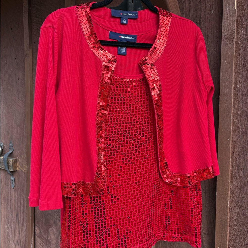Denim 24/7 Vibrant Red Sequin Top and Cardigan